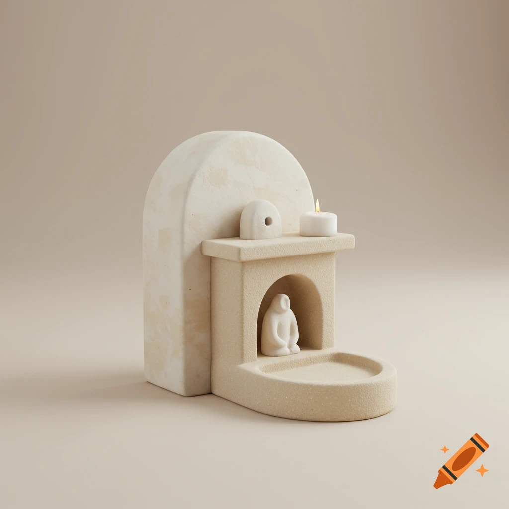 Minimalist cream ceramic altar with a lit candle, a small round statue, and a seated figure.