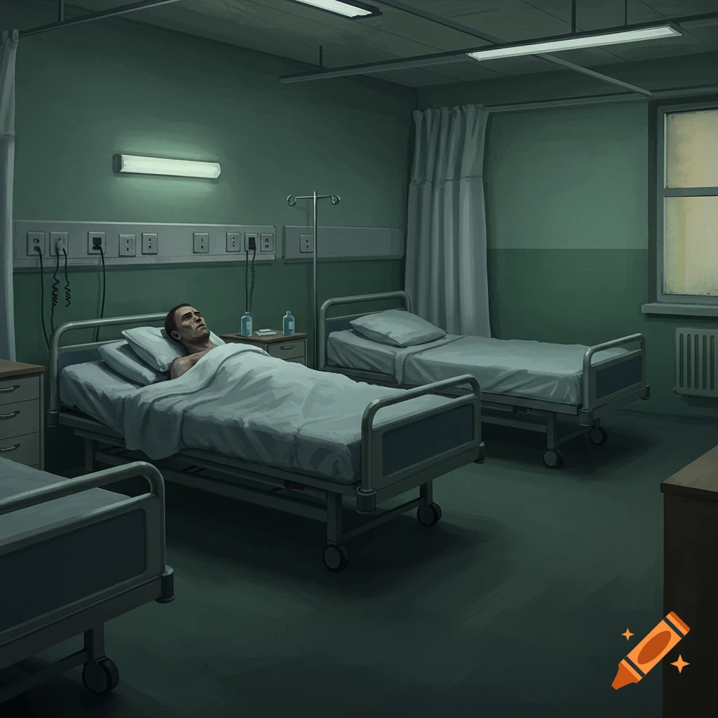 A man lies uncomfortably in a bed in a dimly lit, green-walled hospital room with multiple empty beds, in a somber, painterly style.