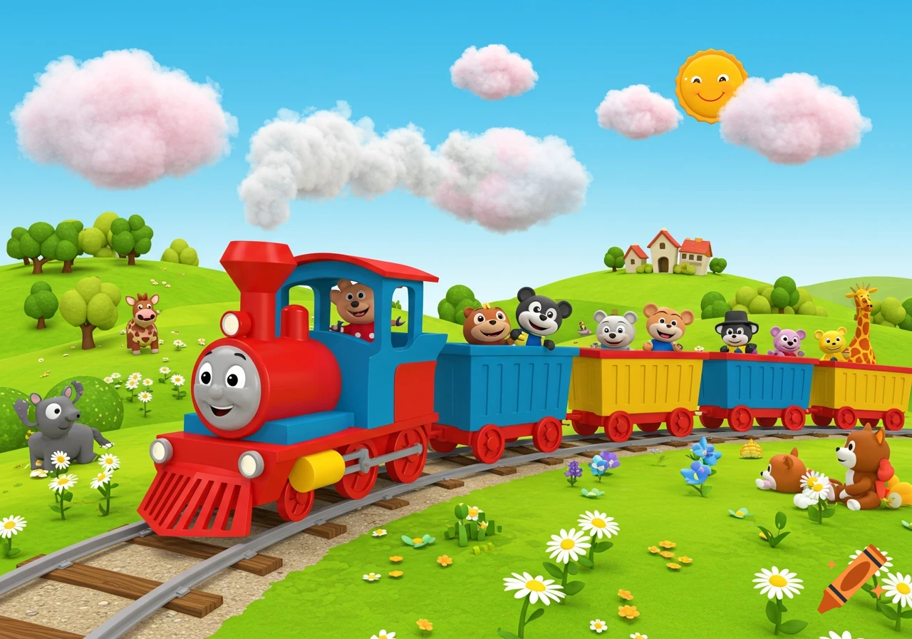 A red and blue cartoon train with a happy face, carrying cartoon animals through a vibrant green landscape in 3D animation.