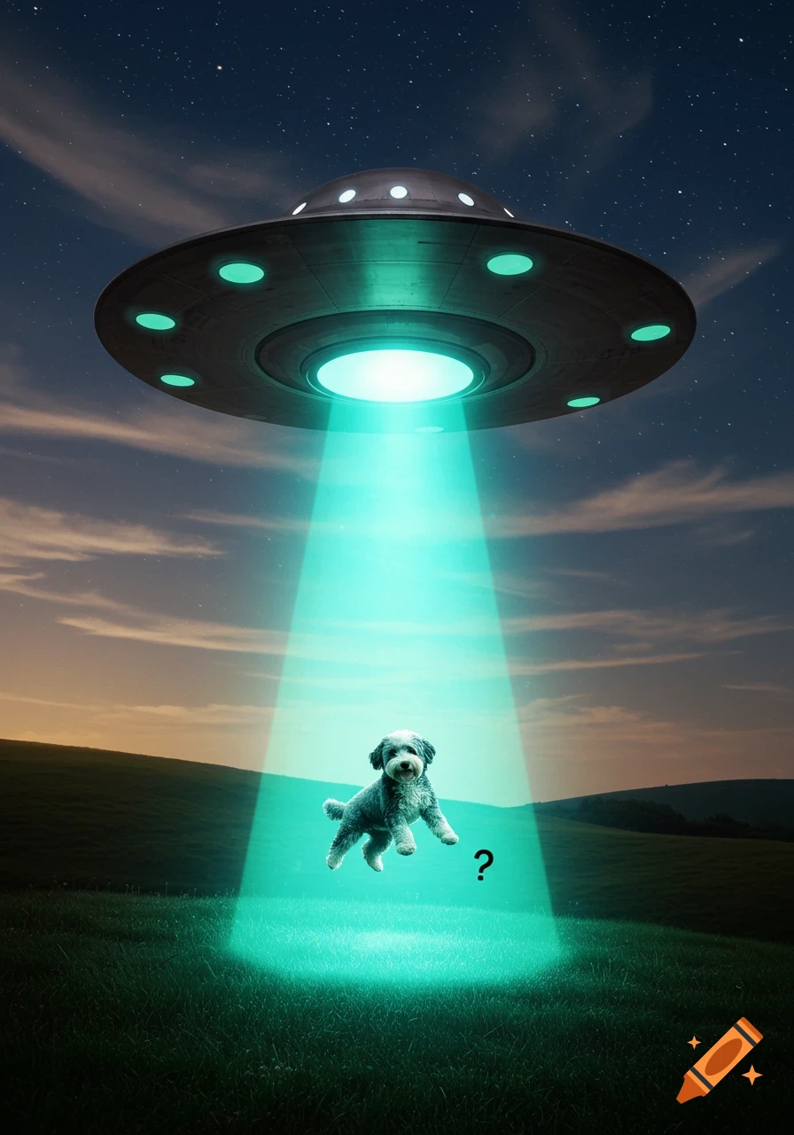 A flying saucer abducts a sheepdoodle dog with a bright green tractor beam over a grassy field at dusk, with a question mark symbol next to the dog.