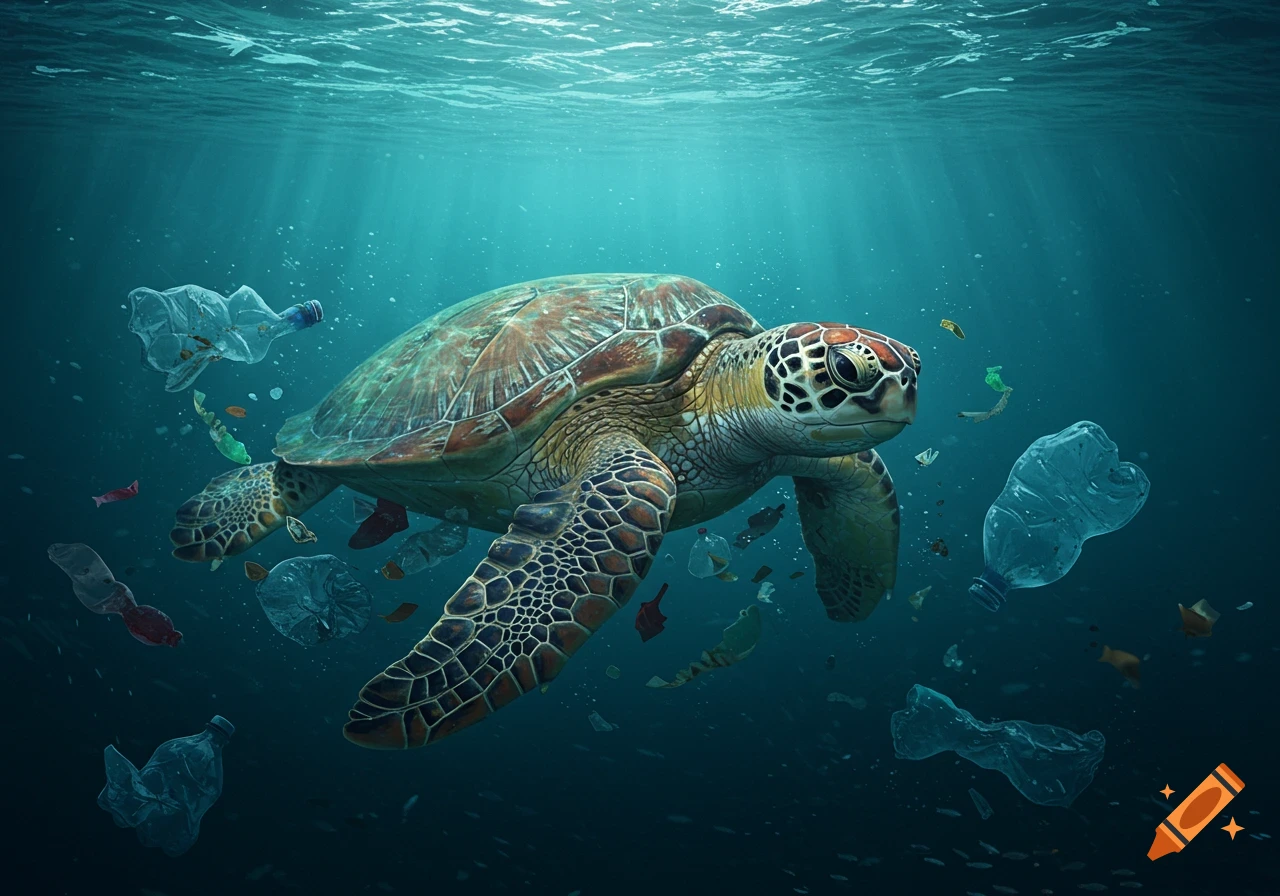 A photorealistic sea turtle swims in a murky blue ocean filled with plastic pollution, sunlight filtering from above.