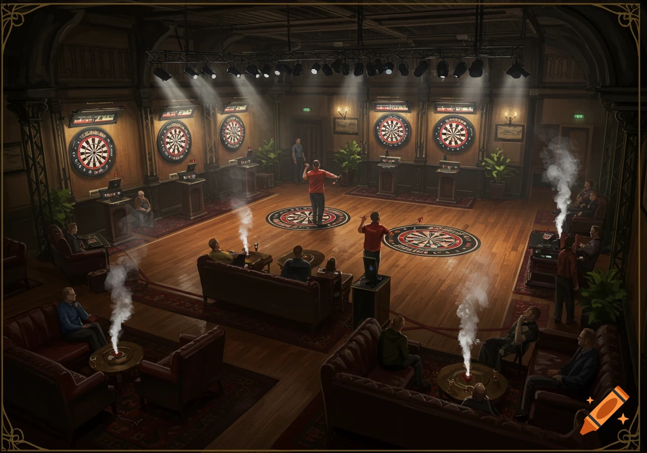A distant, downward view of a dimly lit, ornate room where a dart competition is taking place, with several dartboards on the walls and two players throwing darts in the center, surrounded by spectators on couches, with smoke rising from small tables.