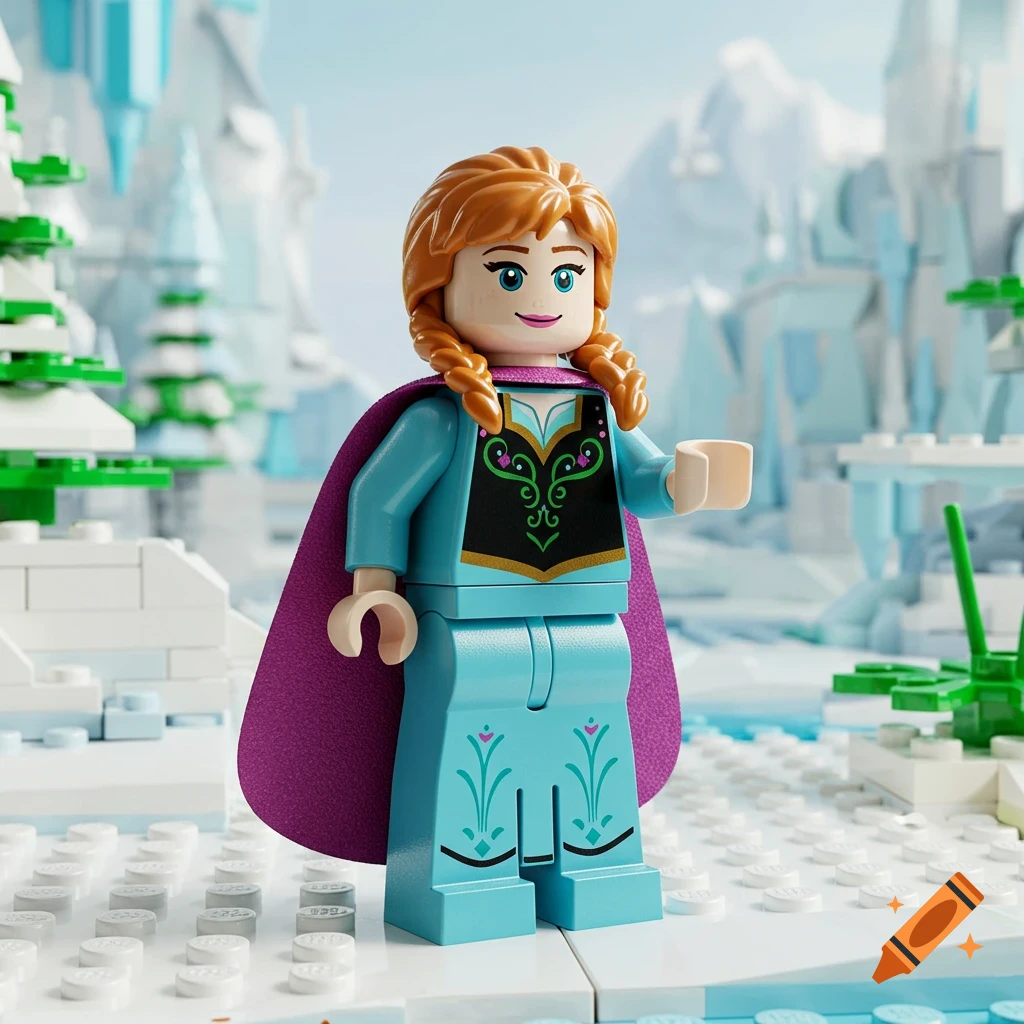 Lego minifigure of Princess Anna in a turquoise outfit with a purple cape in a snowy Lego landscape.