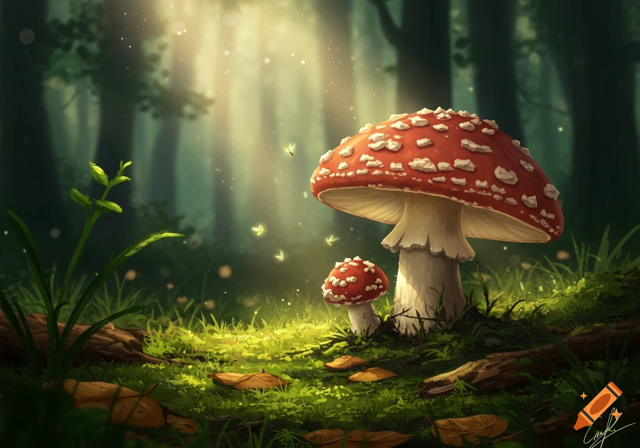 A vibrant fantasy illustration shows glowing fireflies around two red-capped mushrooms in a sunlit, mossy forest.