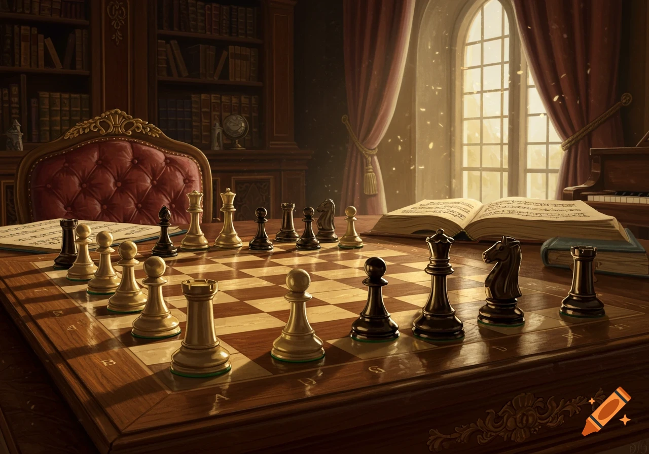 A luxurious study with a wooden chess table set for a game, an open music book, and a grand window with sunlight streaming in.