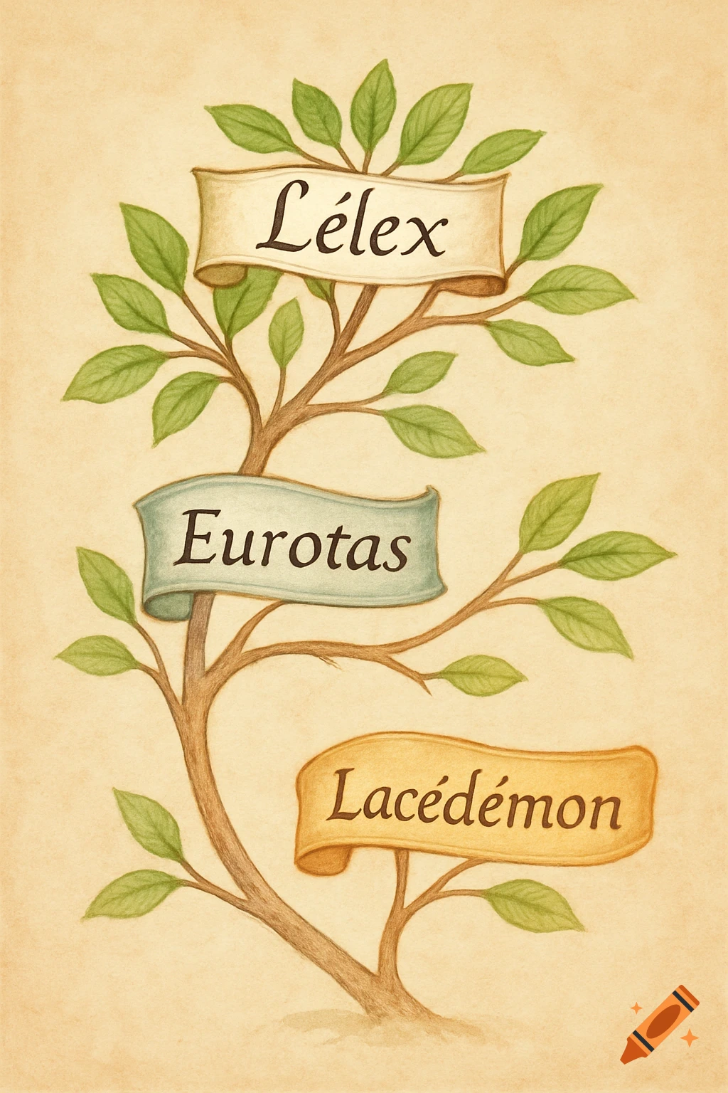 Watercolor illustration of a family tree with green leaves and names 'Lélex', 'Eurotas', 'Lacédémon' on banners.