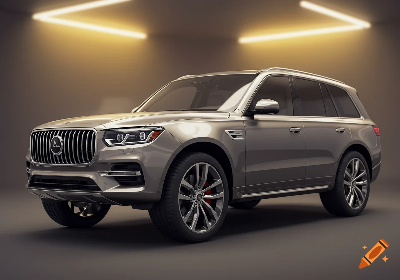 A grey luxury SUV is parked in a showroom with bright V-shaped lights on the wall. Photorealistic.