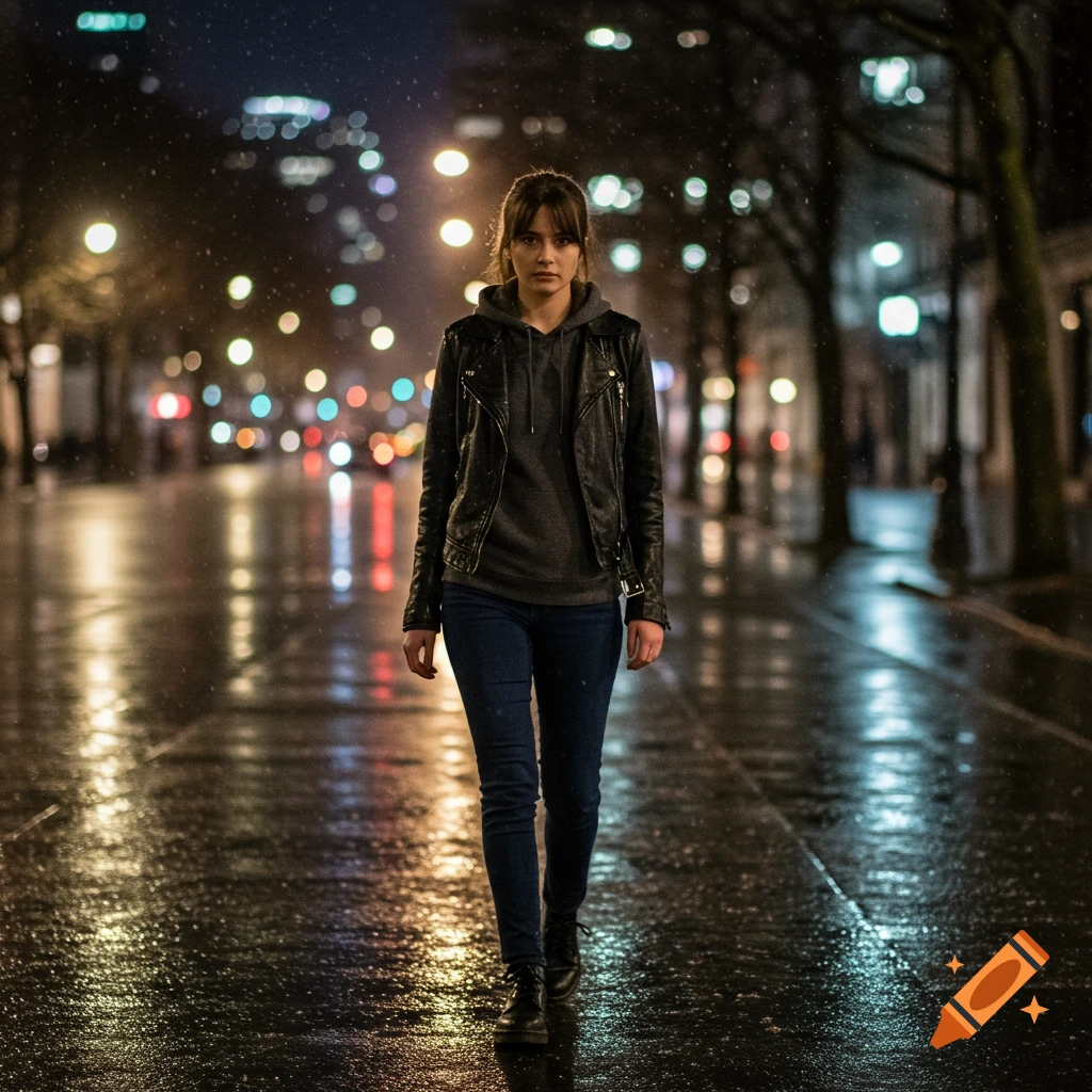 A photorealistic image of a brown-haired woman in a leather jacket and jeans walking down a rainy city street at night, with blurred lights in the background.