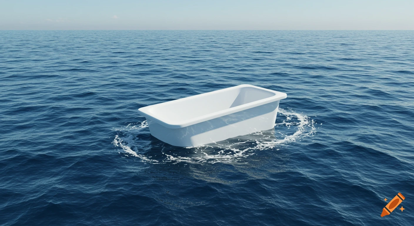 A white bathtub floats in the vast blue ocean under a clear sky.
