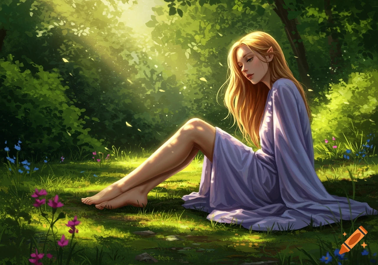 A blonde elf woman in a purple robe sits in a sunlit forest clearing, digital art.