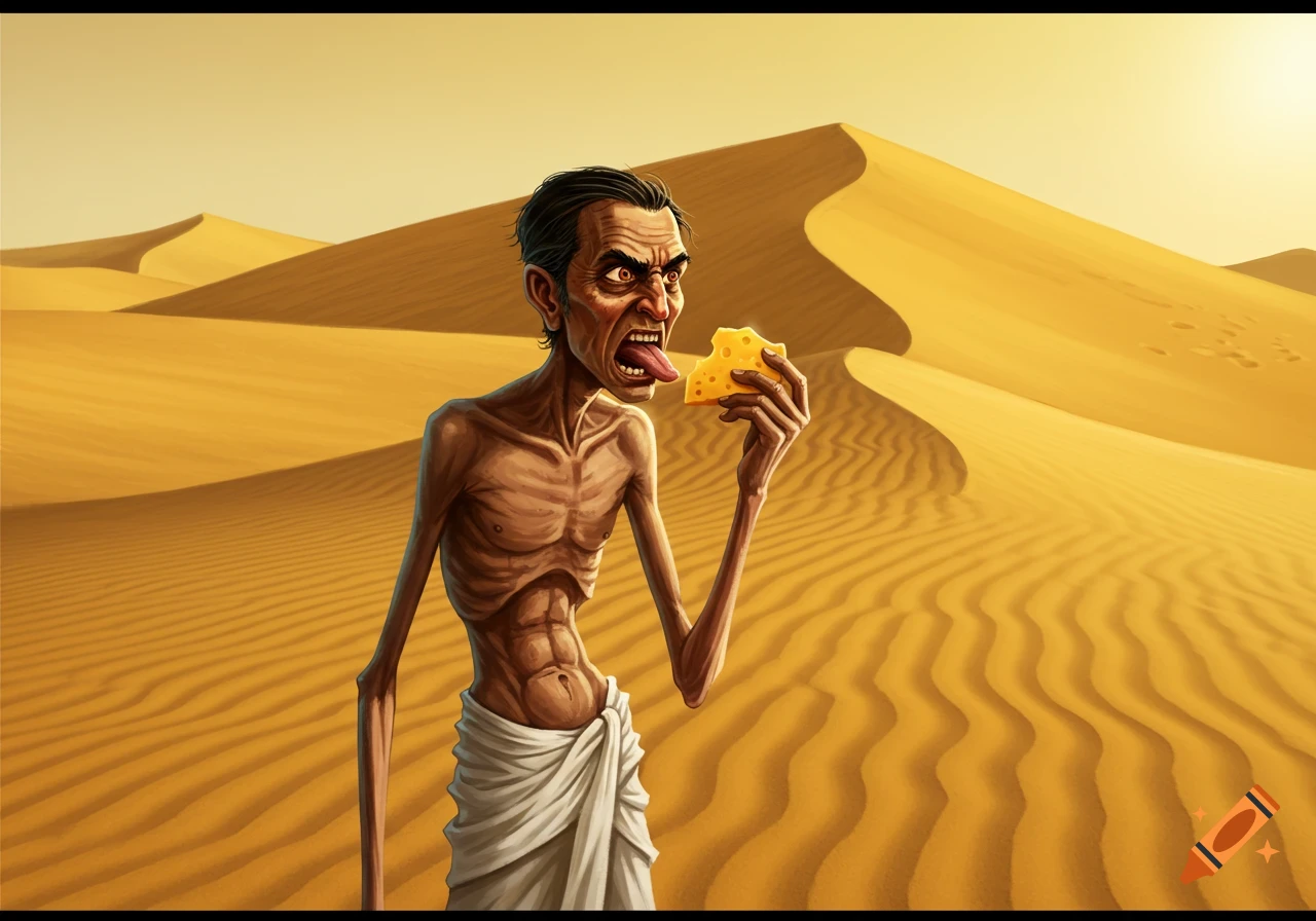 Stylized illustration of an angry, emaciated man in a loincloth licking cheese in a desert.
