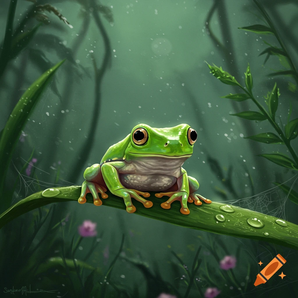 A vibrant green frog with large eyes sits on a dewy leaf amidst a lush, misty, green forest, digital art.