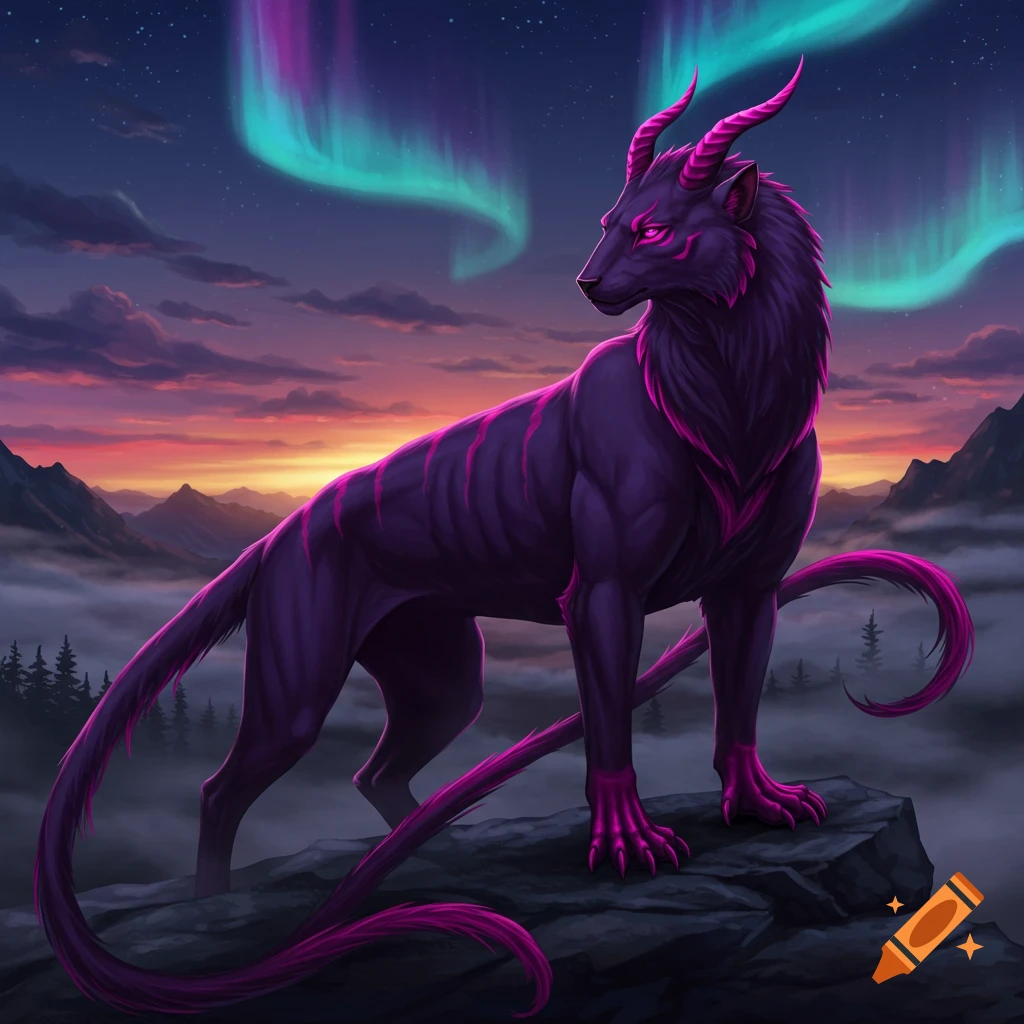 A striking purple fantasy creature with glowing pink horns and markings stands on a rock under a vibrant aurora borealis sky.