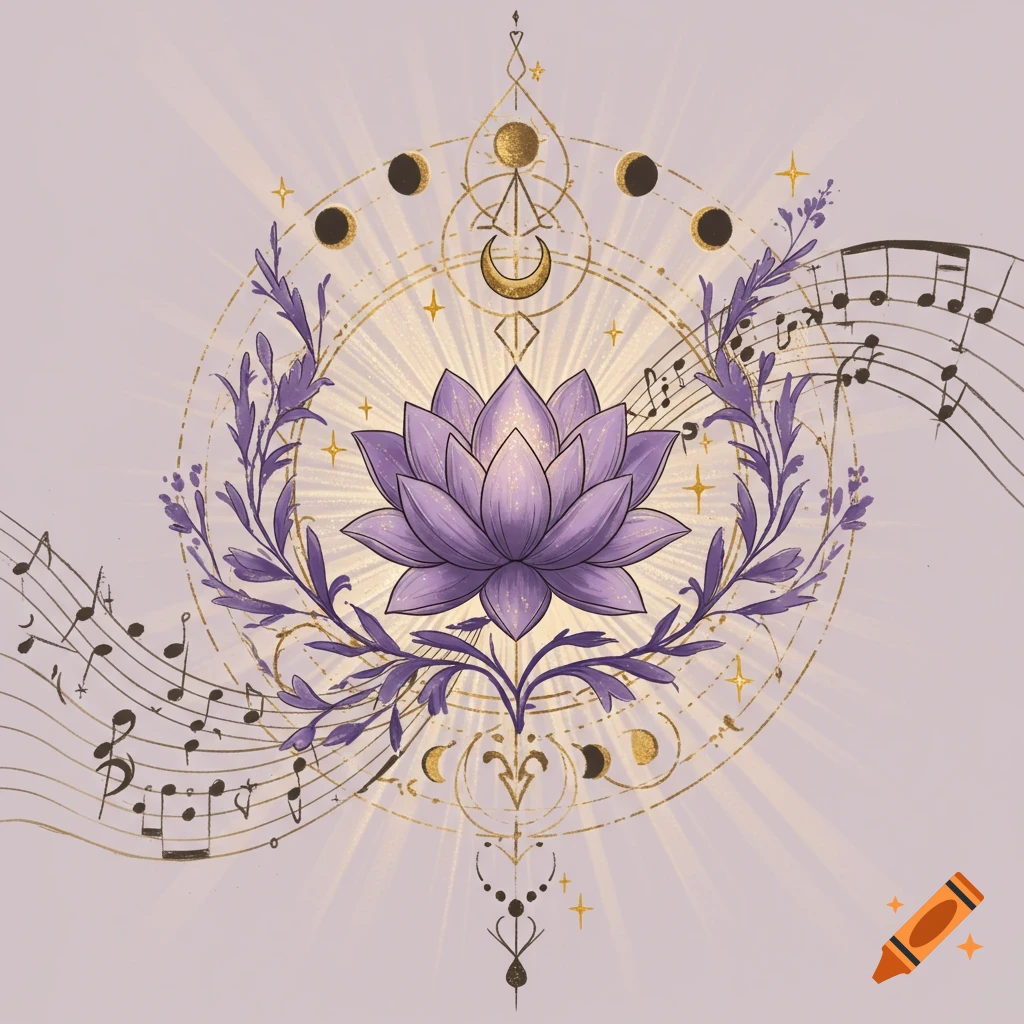 Stylized illustration of a purple lotus with golden celestial symbols, purple foliage, and musical notes radiating on a light background.