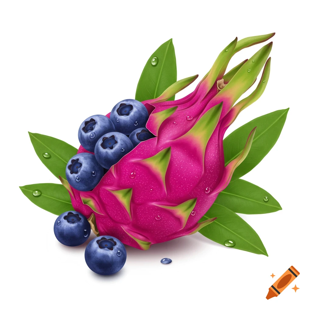 Vibrant illustration of a pink dragon fruit with blue blueberries, green leaves, and water droplets on a white background.