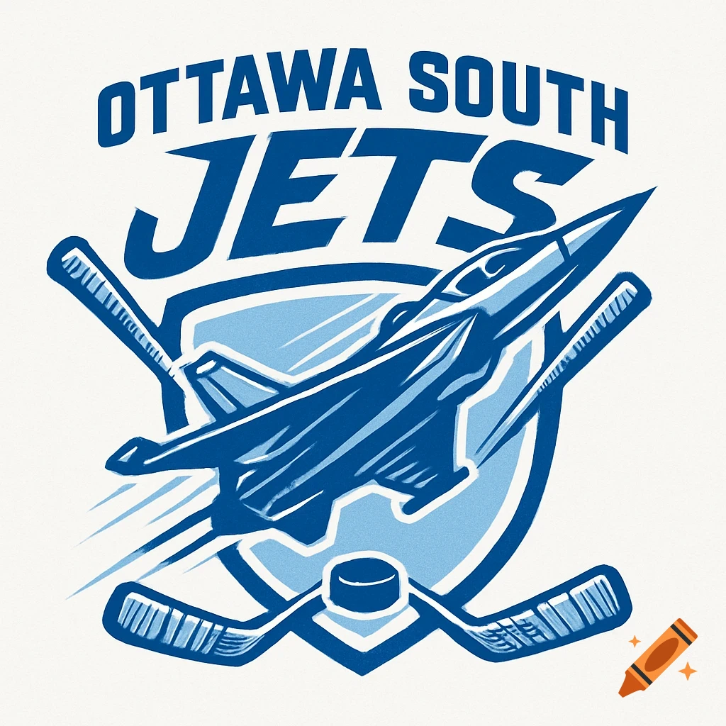 A blue and white stylized logo for "Ottawa South Jets" featuring a fighter jet, two crossed hockey sticks, and a shield.
