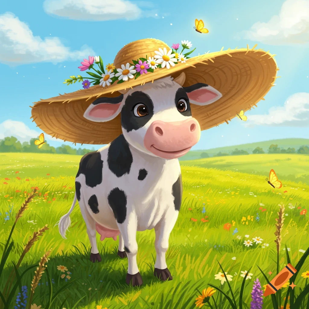 A happy cartoon cow wearing a straw hat with flowers, standing in a vibrant green meadow with butterflies under a blue sky.