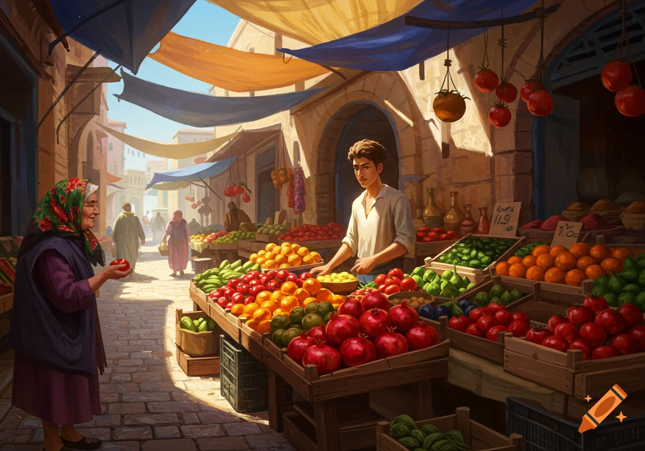 A vibrant, painterly illustration of a bustling outdoor market with a vendor behind stalls of colorful fruits and vegetables, and customers browsing.