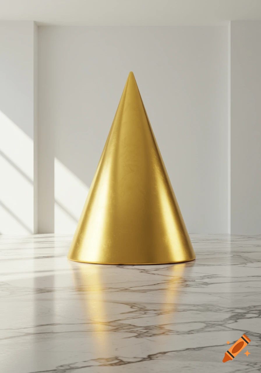 A large, shiny golden cone sits on a white marble floor in a brightly lit, minimalist white room with sun rays.
