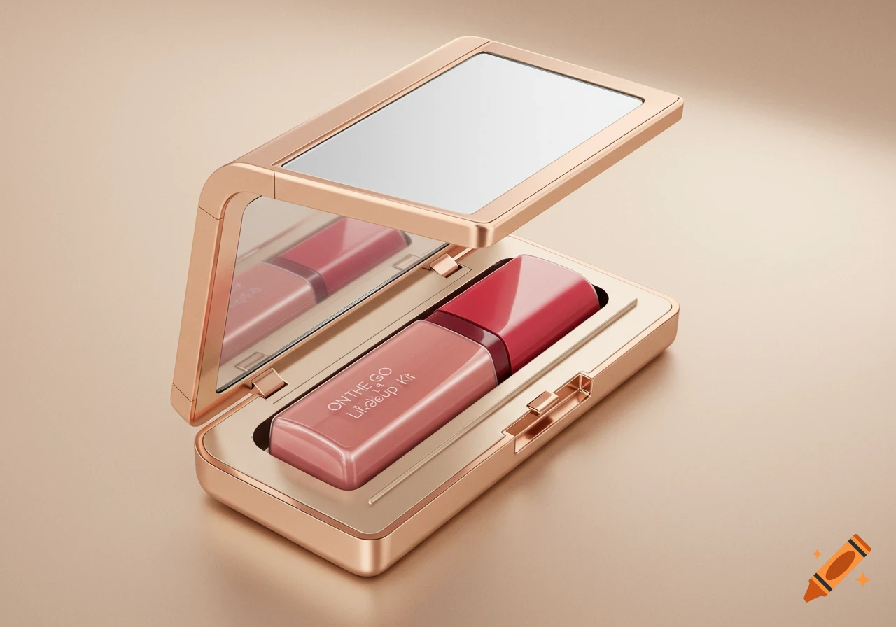 A rose gold makeup compact with an open lid revealing a mirror and a peachy-pink lipstick, labeled 'ON THE GO LiL'.akeup Kit'.