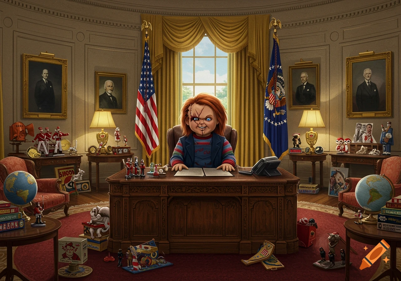 Chucky the doll with red hair and patched face sits behind the Resolute Desk in the Oval Office, surrounded by toys and flags.