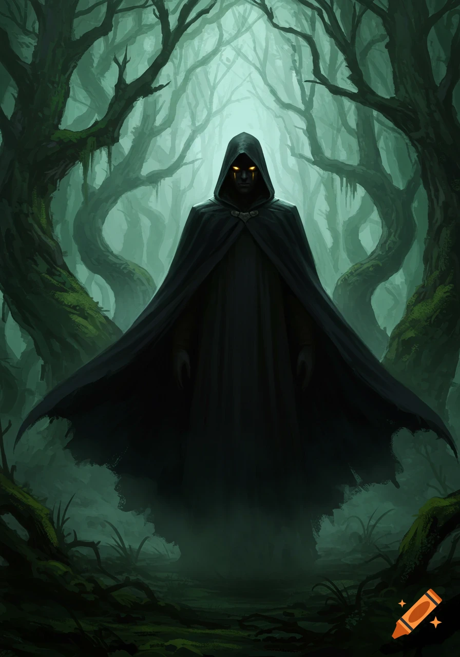 A tall, dark, hooded figure with glowing yellow eyes stands in a misty, eerie forest with gnarled trees.