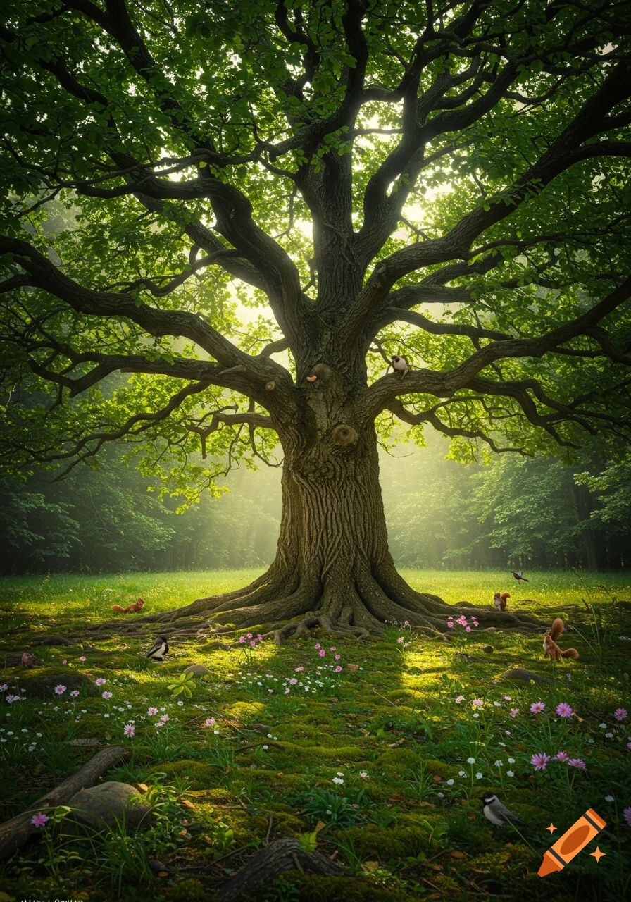 A majestic, ancient tree with exposed roots in a sun-drenched forest clearing, surrounded by wildflowers and small animals.