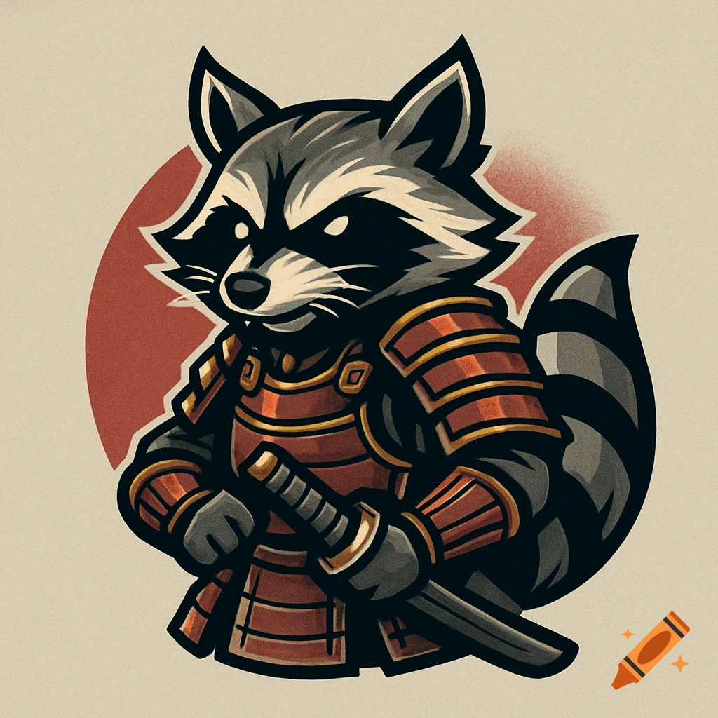 Stylized illustration of a raccoon samurai holding a katana, set against a red circle on a light background.