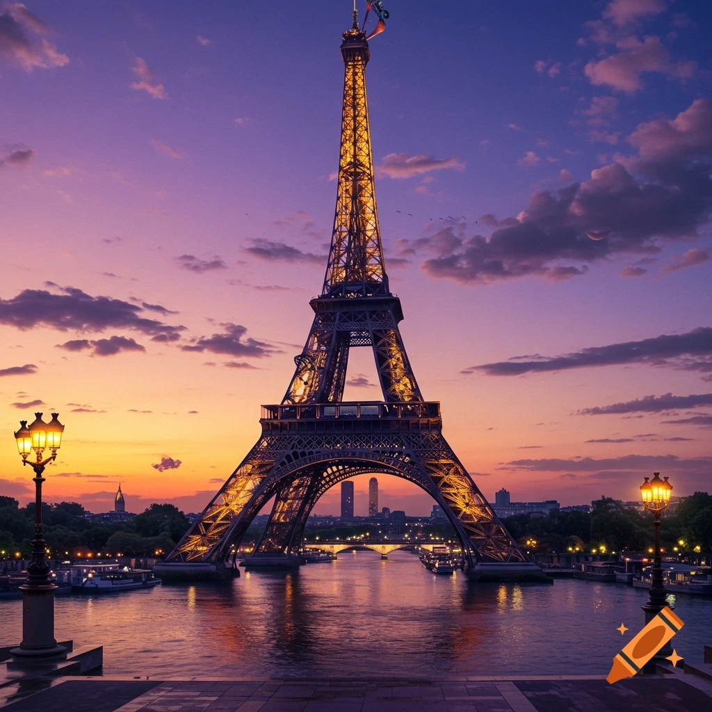The Eiffel Tower stands illuminated at dusk over the Seine River, with a vibrant purple and orange sunset sky.