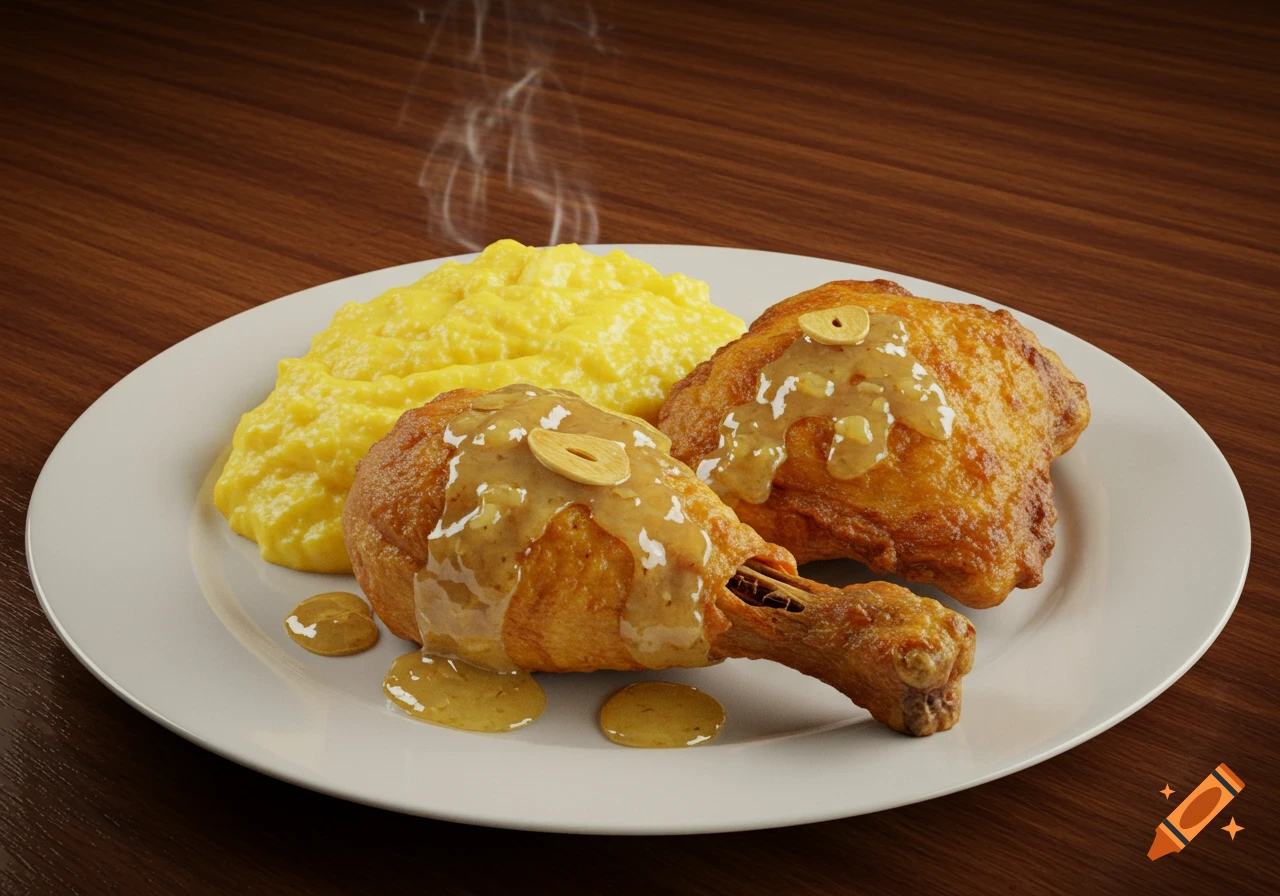Hyper-realistic image of a fried chicken leg and thigh with garlic sauce and polenta on a white plate on a wooden table.