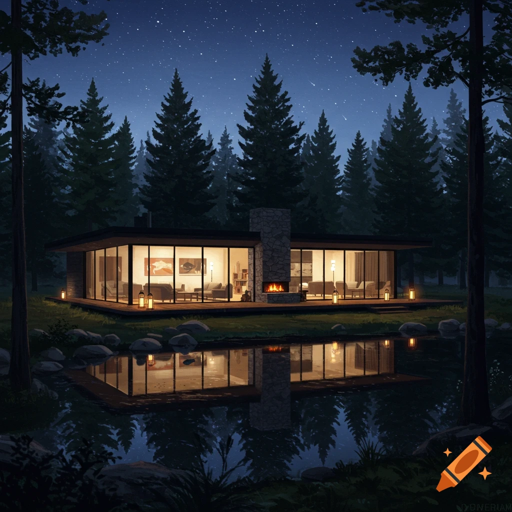 A modern house with illuminated glass walls stands beside a pond, reflecting its lights and the surrounding pine forest under a starry night sky.