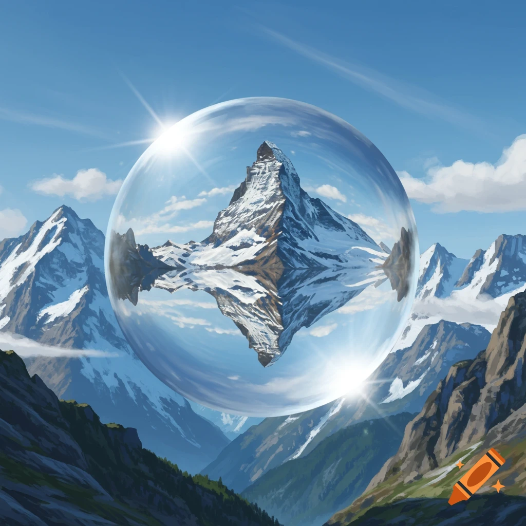 A stunning landscape of snow-capped mountains under a blue sky, with a large crystal ball in the foreground reflecting an inverted mountain.
