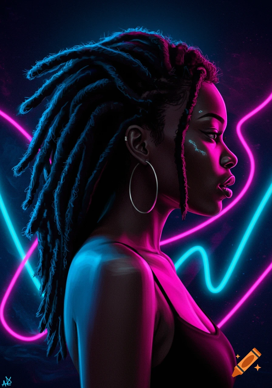Side profile digital art of a Black woman with dreadlocks against a dark background with pink and blue neon lights.