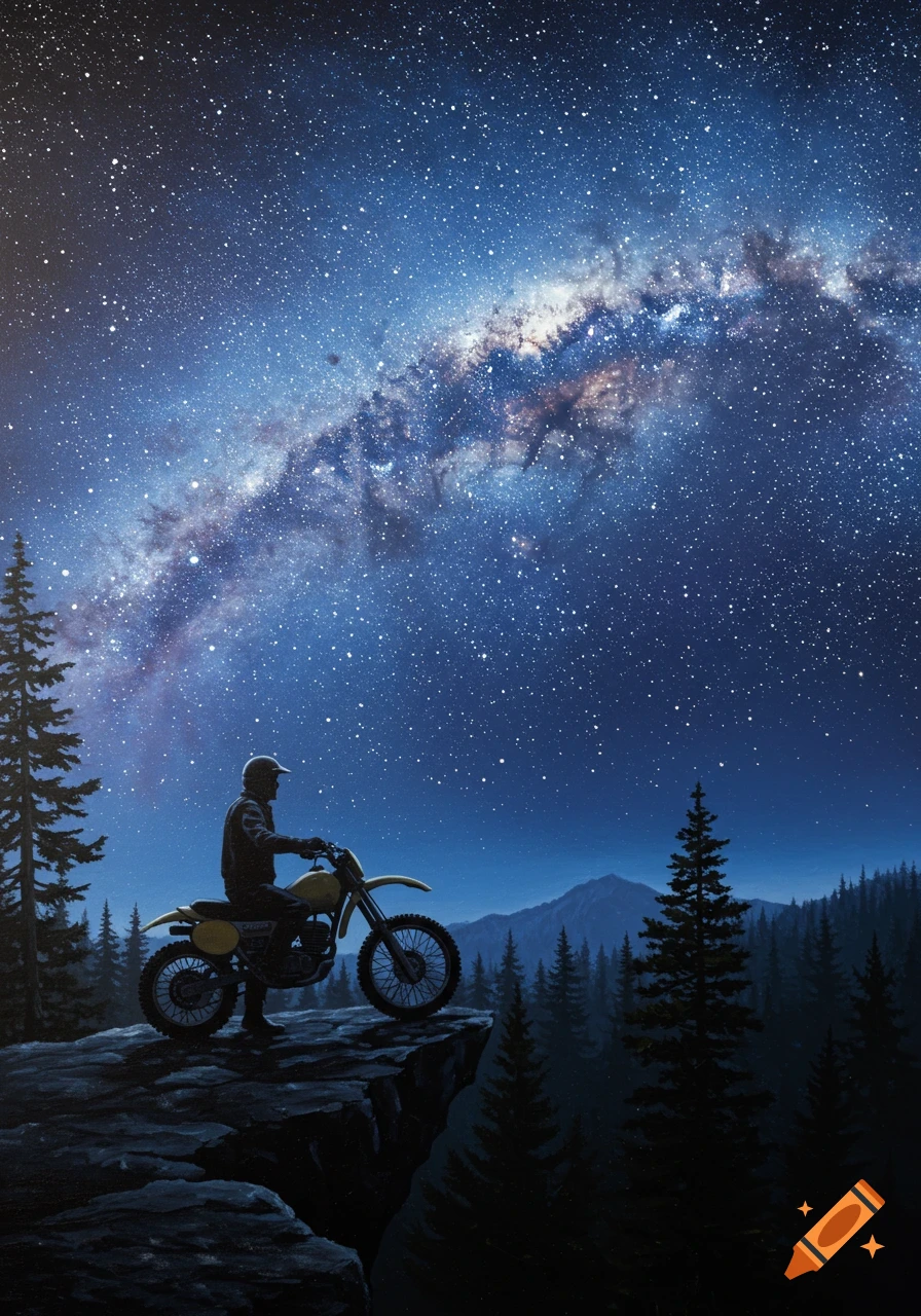 Oil painting of a man on a dirt bike on a cliff overlooking a pine forest under a vibrant Milky Way night sky.