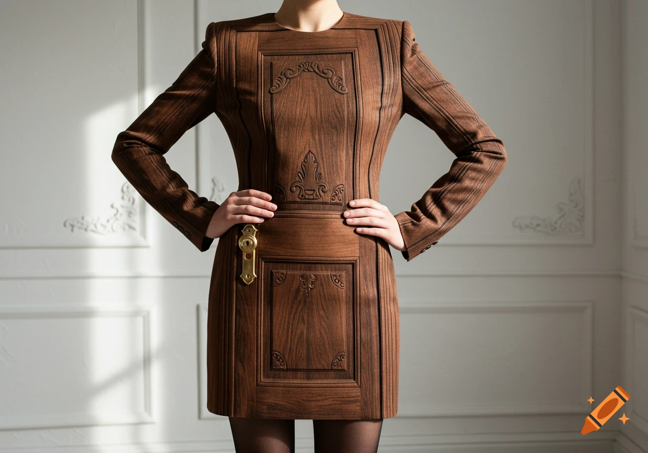 A woman wears a brown wooden door-patterned dress with a brass doorknob, standing against a white paneled wall.