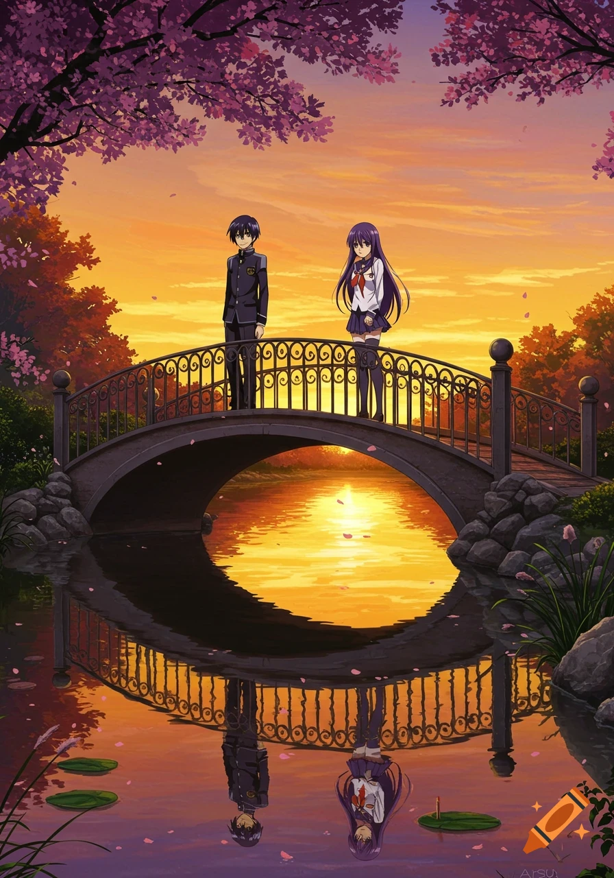 An anime boy and girl stand on a bridge over water at sunset, surrounded by pink cherry blossom trees, in a vibrant anime art style.