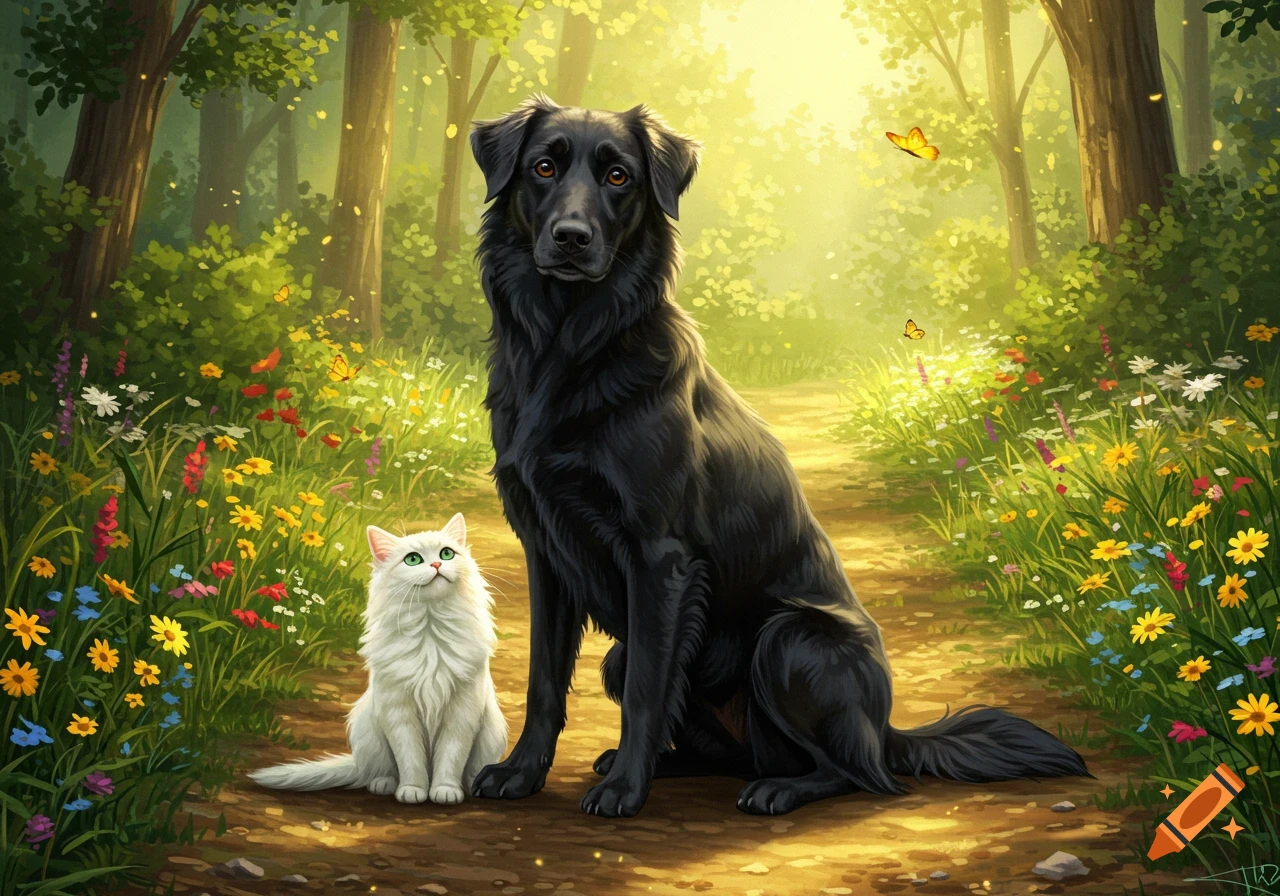 A black dog and white cat sit together on a sunny forest path, surrounded by vibrant wildflowers and butterflies, in an illustrative fantasy style.