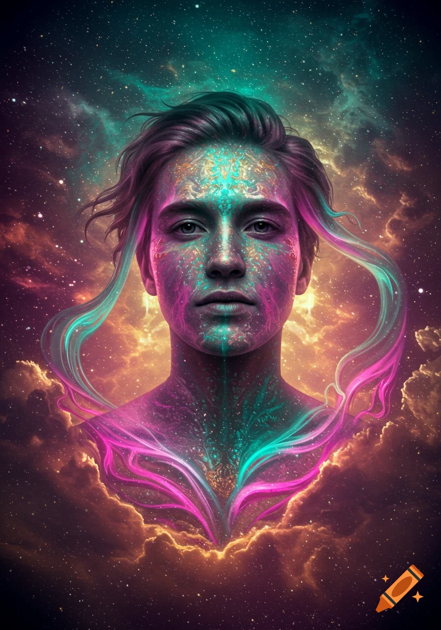 Close-up portrait of a person with glowing pink and teal ornate patterns on their face and chest, set against a vibrant cosmic nebula and stars.