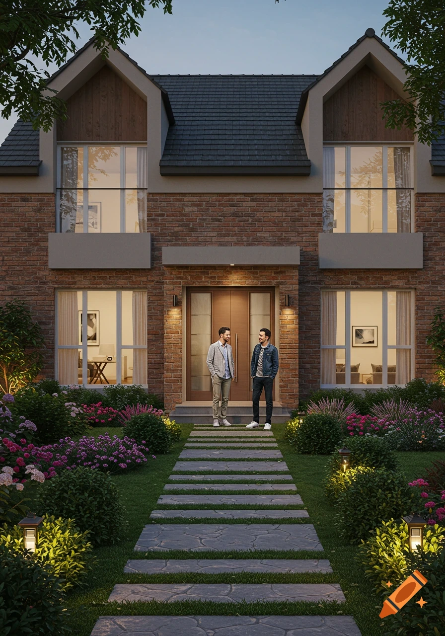 Two men stand on the path in front of a brick duplex bungalow with a lush garden at dusk.
