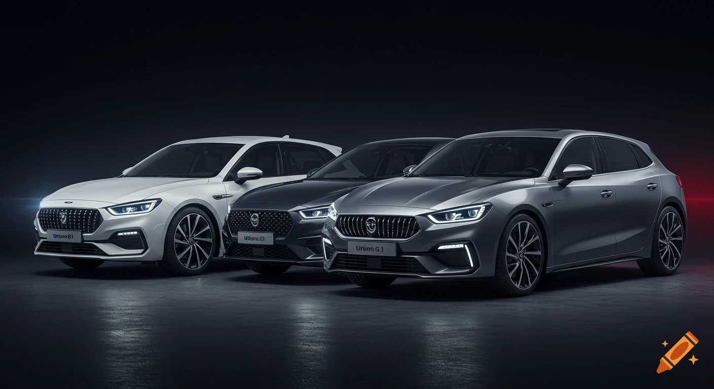 Three modern Urbana G1 luxury sports hatchbacks (white, dark gray, silver) in a professional studio photoshoot.