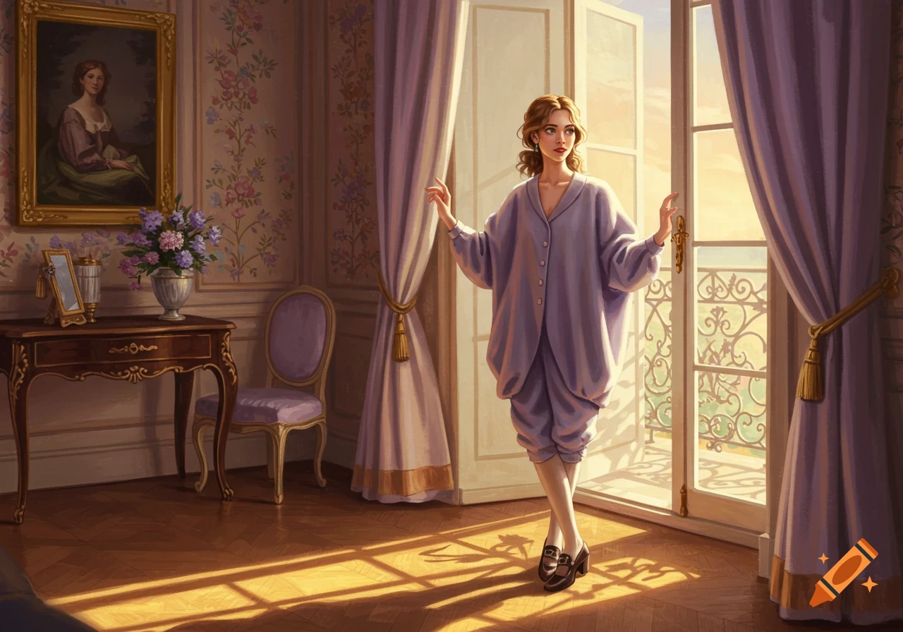 A woman in a lilac oversized suit stands in an elegant room, bathed in morning light from a balcony doorway.