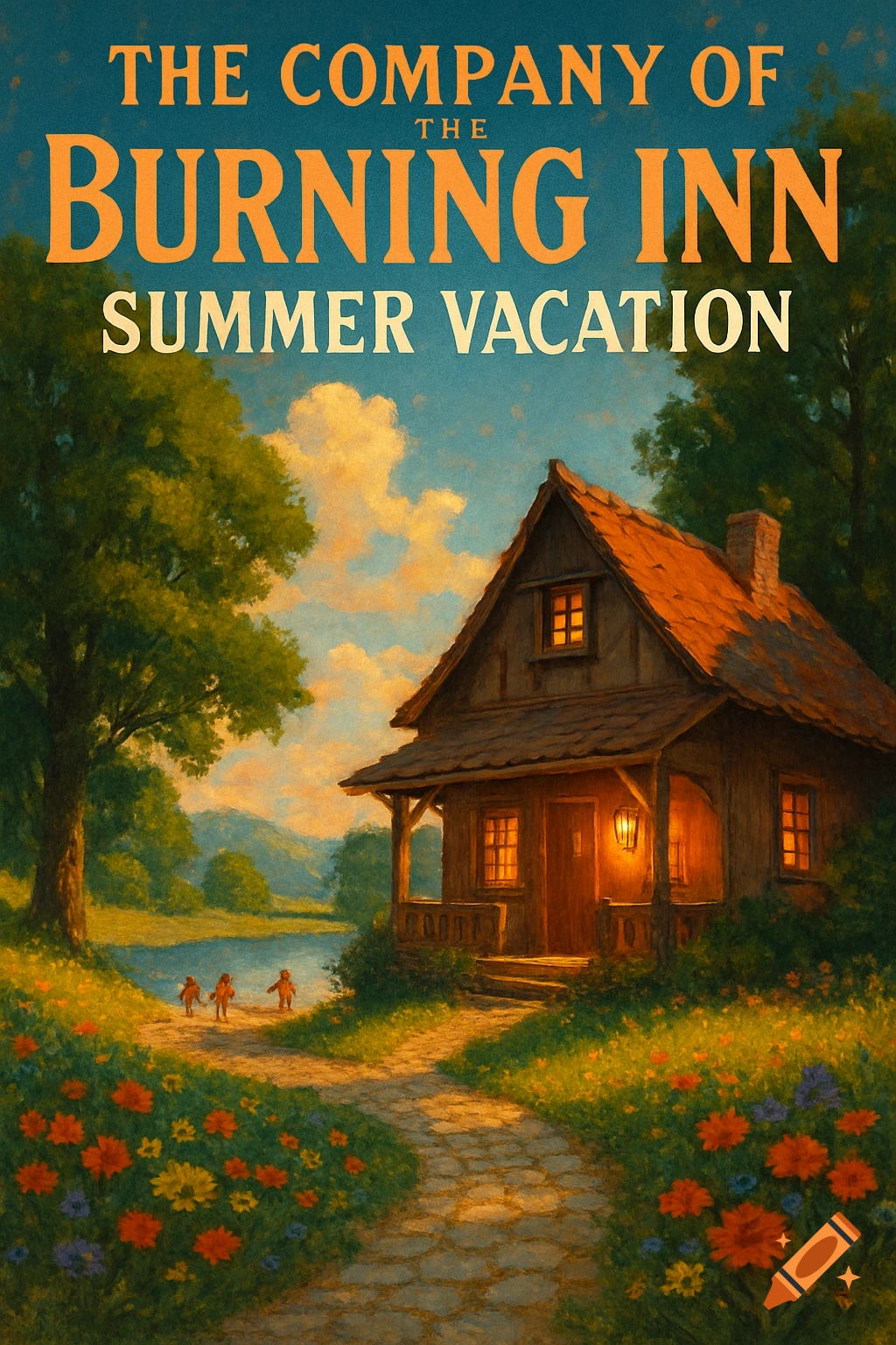 A painterly illustration of a rustic cabin by a lake with wildflowers and children, advertising 'The Company Of The Burning Inn Summer Vacation'.