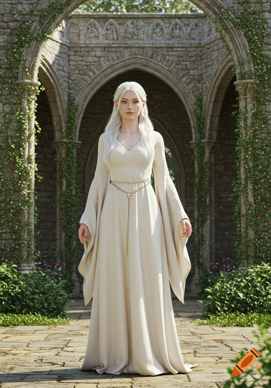 Photorealistic elf princess with silver hair, blue eyes, in a flowing cream gown, standing before ivy-covered stone arches.
