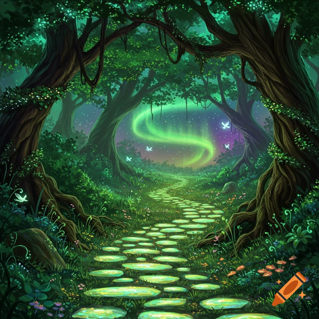 A whimsical forest path with glowing stepping stones, lush green trees, and an emerald aurora in a starry night sky.