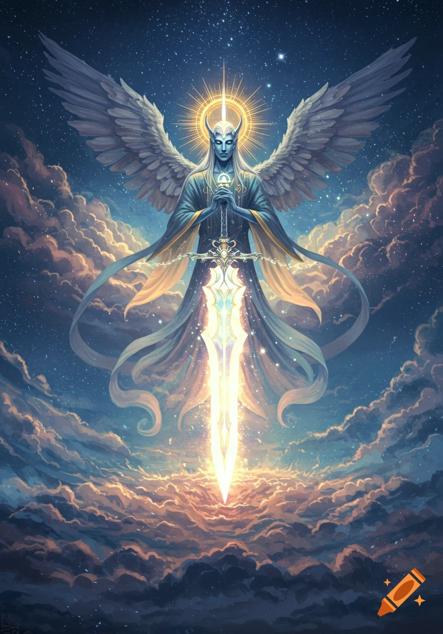Winged celestial being with blue skin and glowing eyes holds a luminous sword amidst a starry sky and clouds.