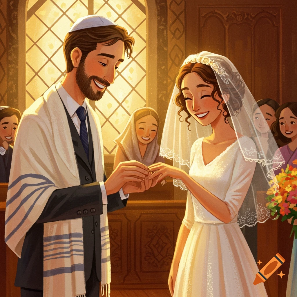 A Jewish groom places a ring on his smiling bride's finger during a sunlit wedding ceremony, illustrated in children's book style.