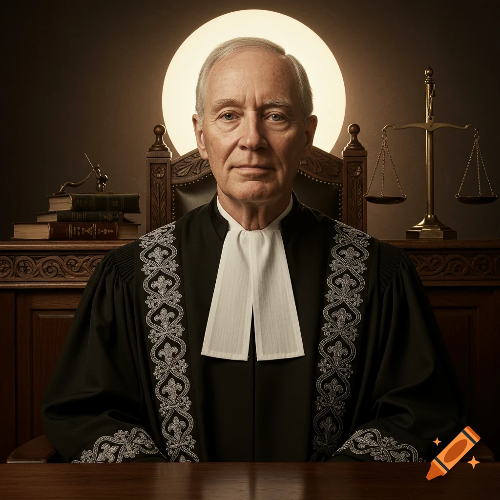 Photorealistic portrait of a serious older judge in a black robe and white jabot, seated at a wooden desk with scales of justice and books in the background.