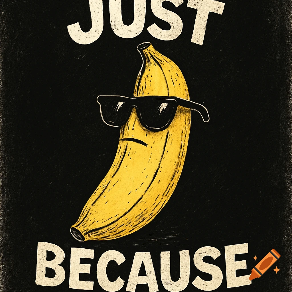 A hand-drawn, comic-style banana with sunglasses on a dark background, with the words 'JUST' and 'BECAUSE' above and below it.