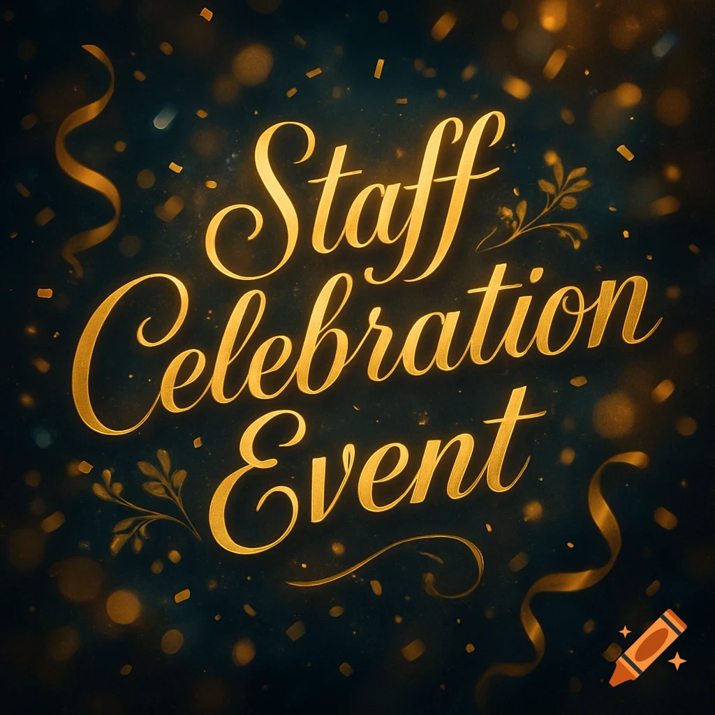 Golden ornate text 'Staff Celebration Event' with falling golden confetti and ribbons on a dark, sparkling background.
