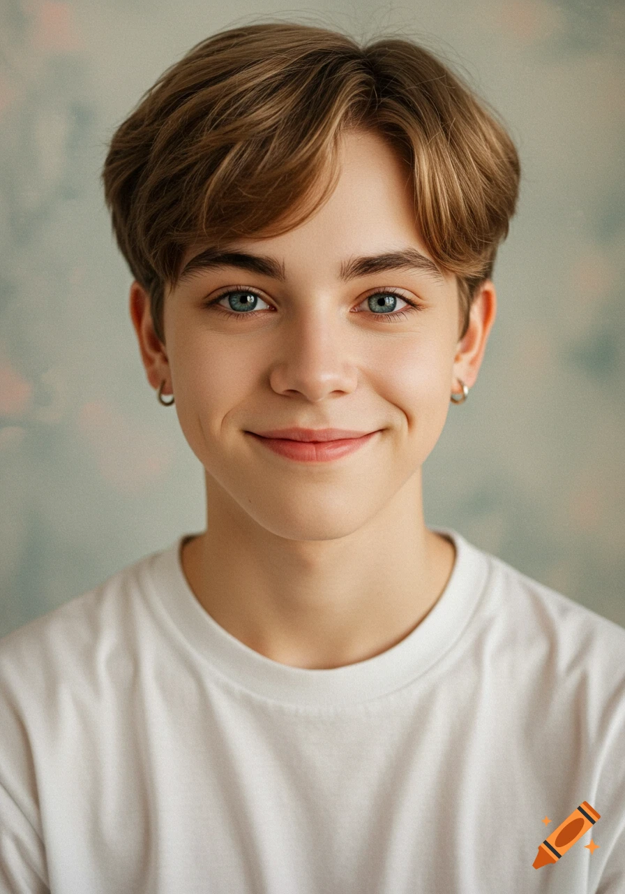 Close-up portrait of a smiling young person with short brown hair and blue eyes, wearing a white t-shirt, against a pastel background.